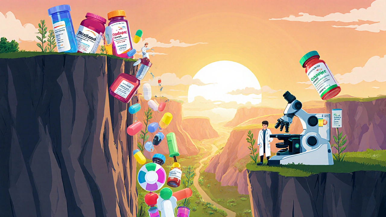 Blockbuster drugs falling off a patent cliff as affordable generics rise below, with scientists and robots building biosimilars.