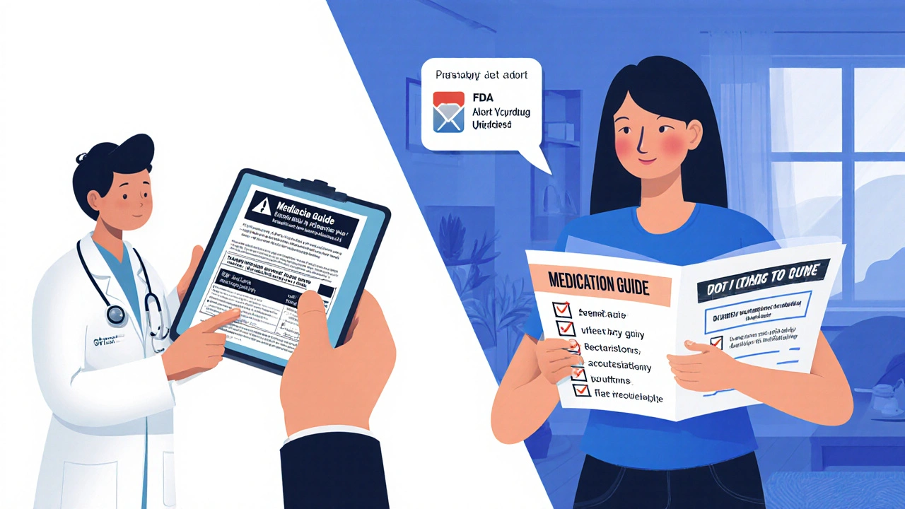 Doctor and patient reviewing a drug label with a boxed warning, at home with a medication guide.