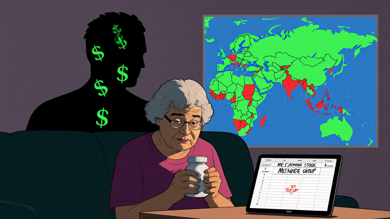 Elderly woman with empty pill bottle, shadow of dollar signs behind her, digital supply map and handwritten spreadsheet on table.