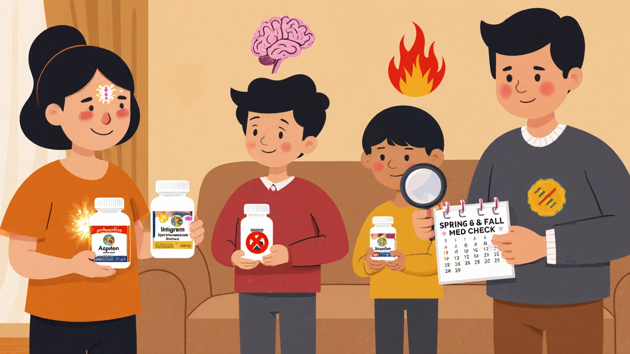 Family holding different pain relievers, with aspirin marked &#039;NO&#039; for children and calendar showing biannual med checks.