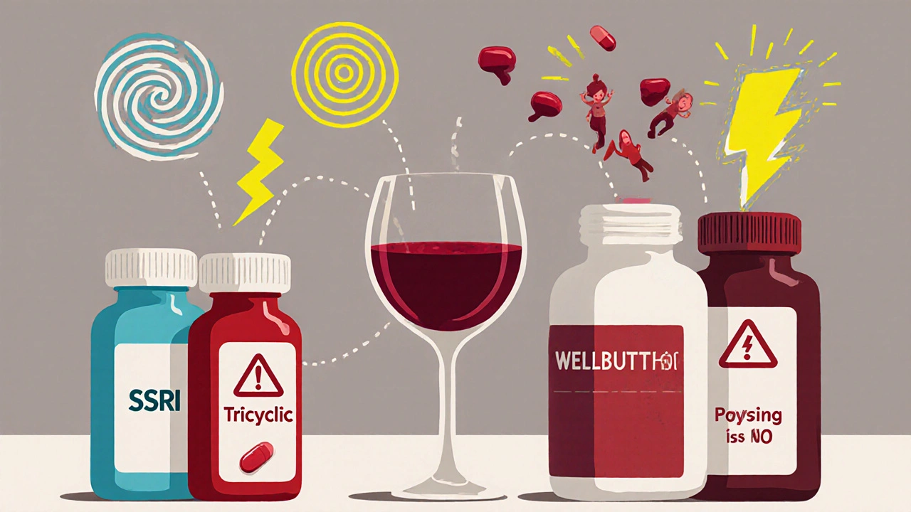 Four antidepressant pills connected by danger lines to a glass of wine, each with unique warning symbols.