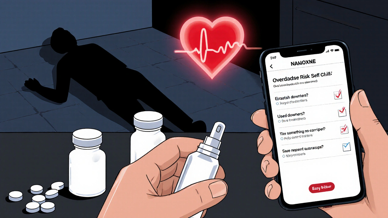 Hand reaching for naloxone beside empty pill bottles, phone showing overdose risk check, heart pulsing above a fallen figure.