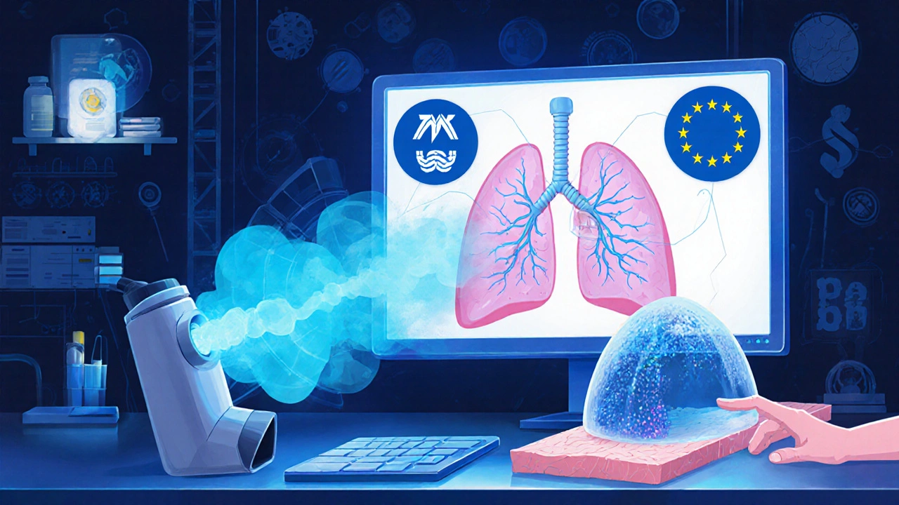 Holographic models showing drug delivery in lungs and skin, with regulatory agencies displaying conflicting approval symbols.