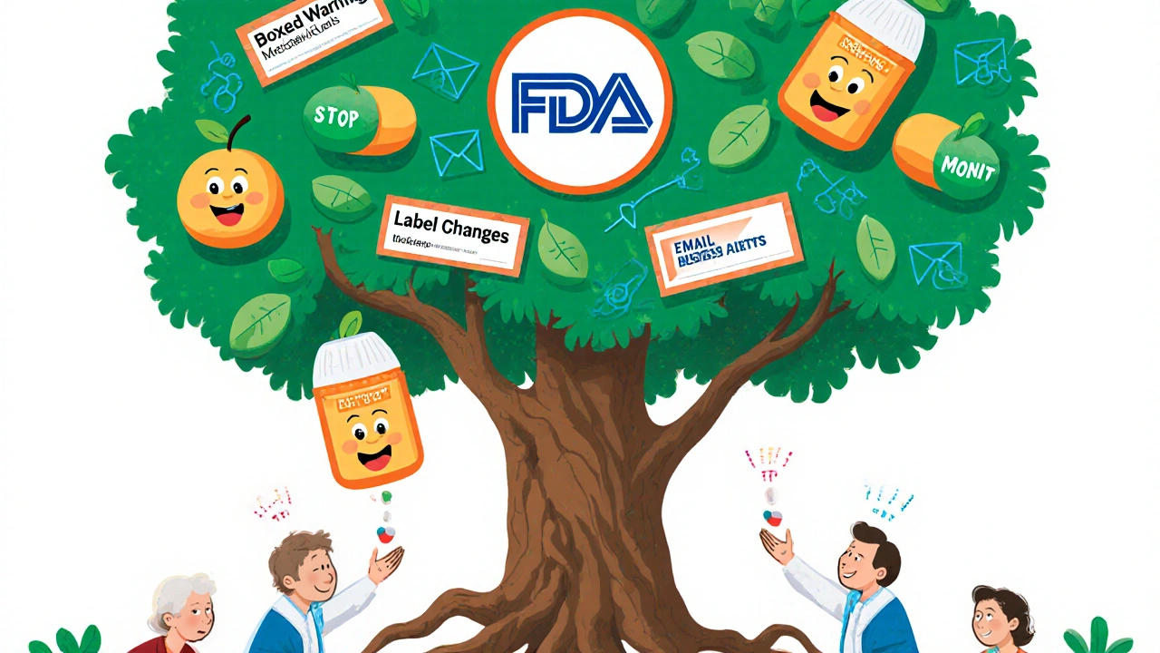 Information tree with pill-shaped fruit labeled by safety actions, growing from an FDA emblem.