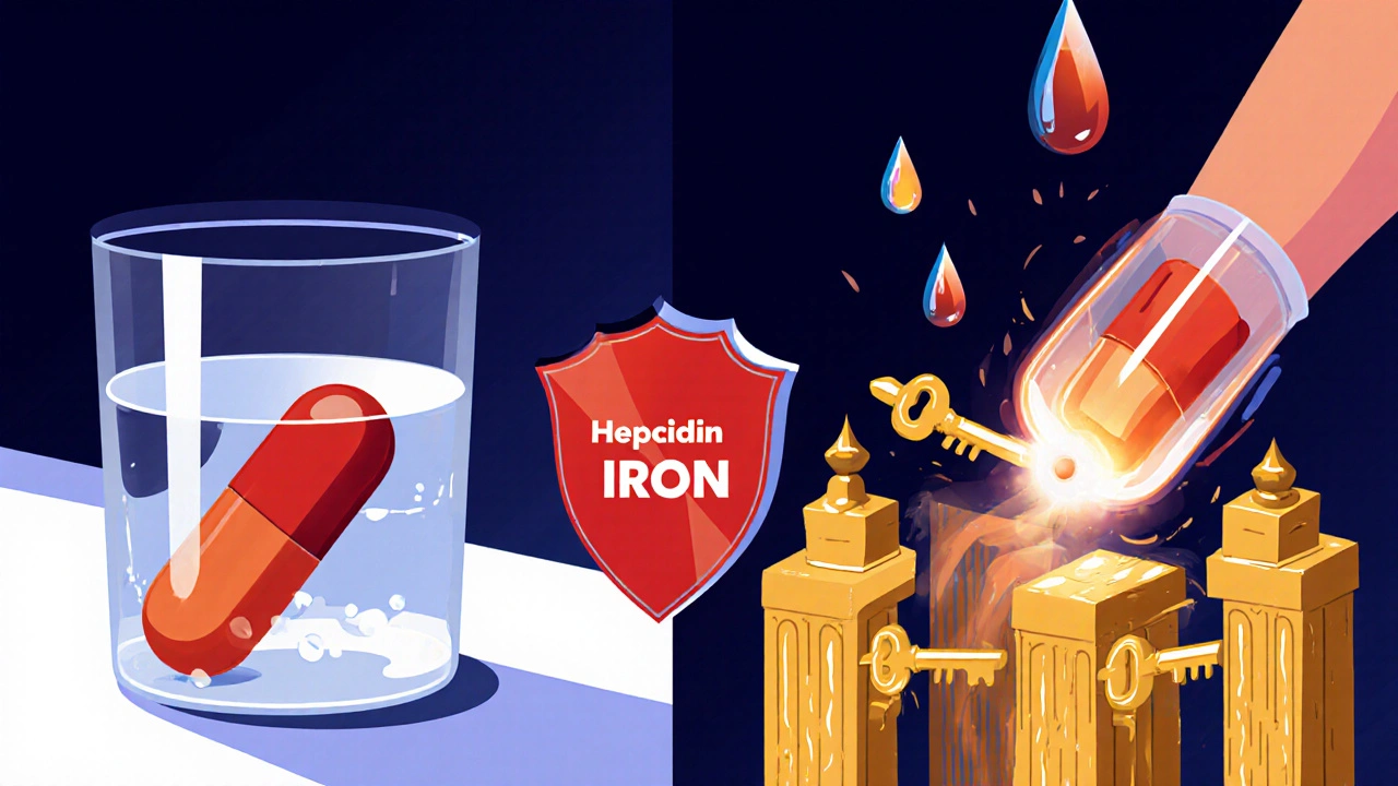 IV iron overcoming hepcidin blockage to reach bone marrow, while oral iron fails to be absorbed.