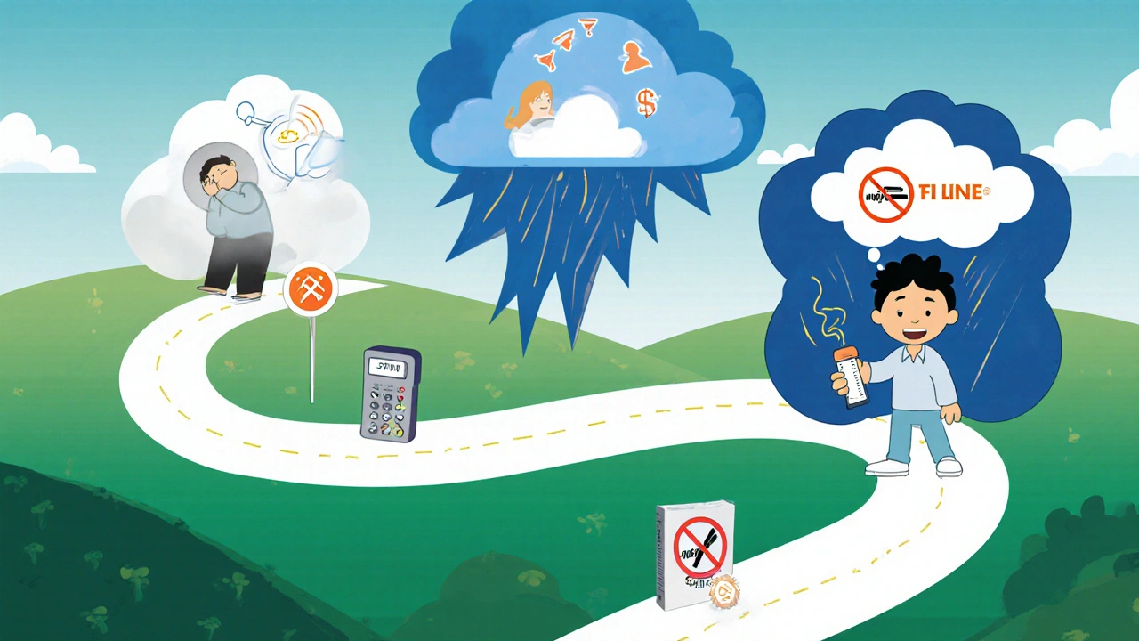 Journey path illustrating depression treatments, with Bupron SR as the clear, energized route to recovery.