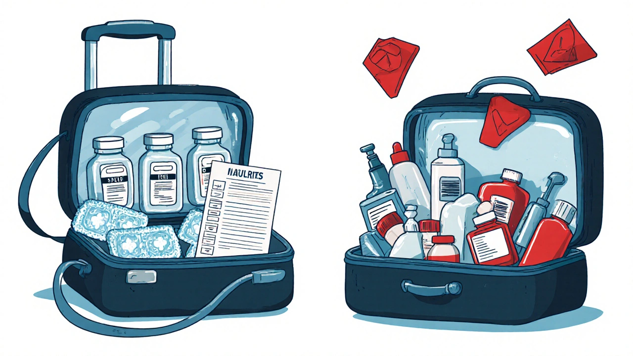 Organized medication kit vs. cluttered toiletries in carry-on bags.