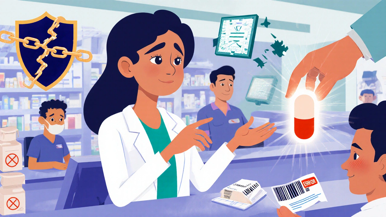 Patient calmly verifying medication with pharmacist, floating safety symbols around them.