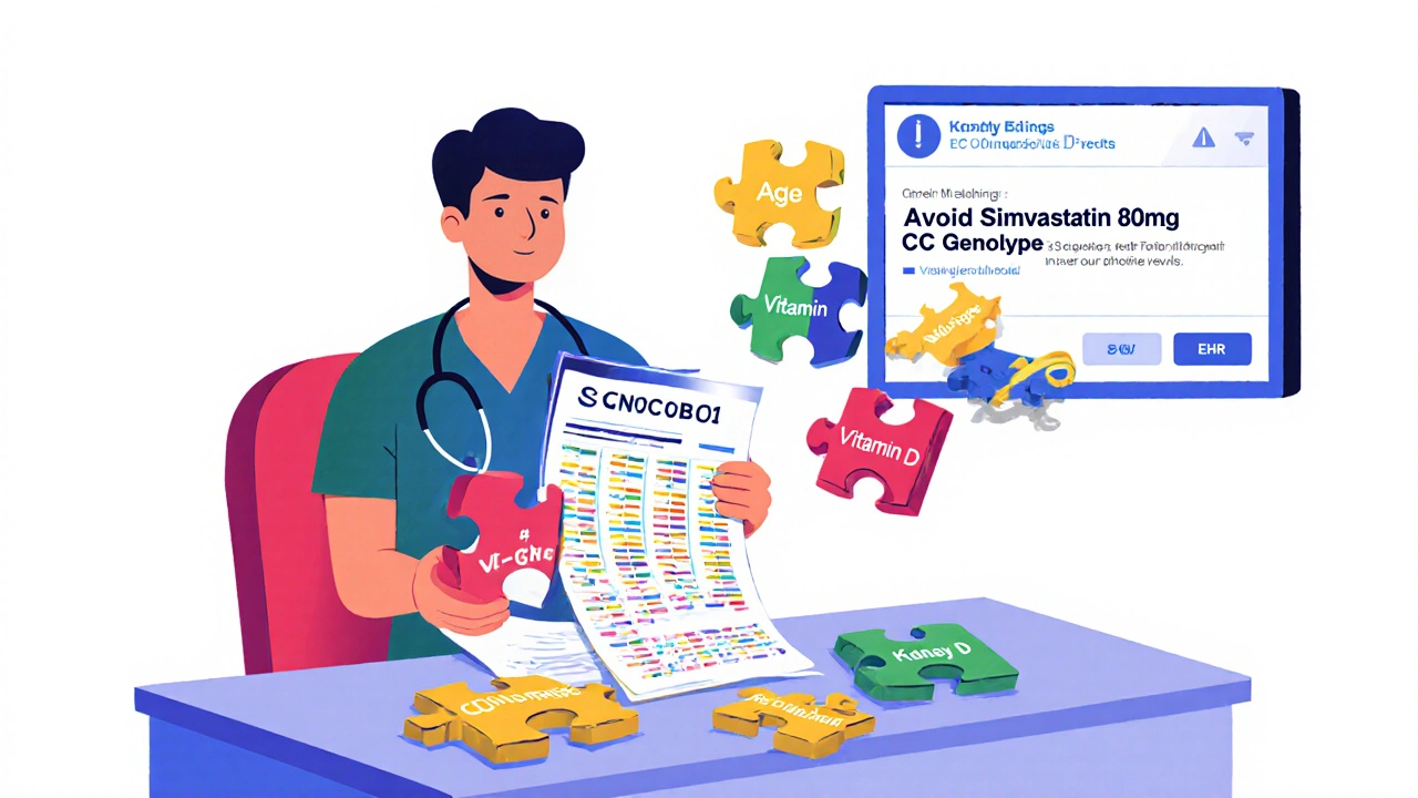 Patient holding a genetic report that becomes a puzzle, with an EHR warning screen in the background.
