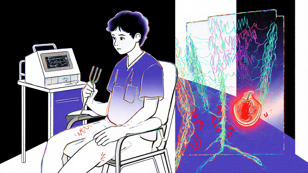 Patient undergoing nerve tests, with damaged nerves visibly glowing red, and treatments like Scrambler Therapy and Qutenza patch shown nearby.
