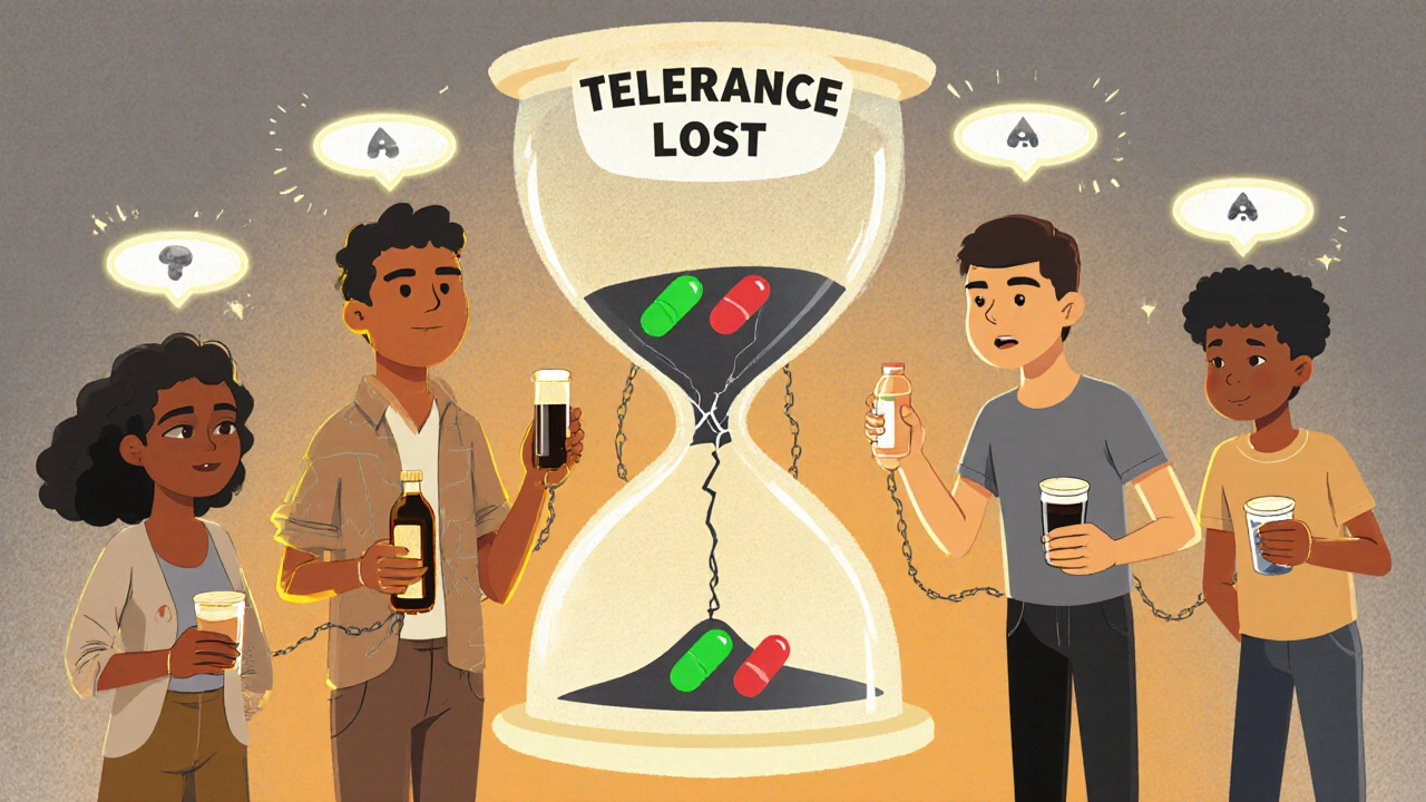 People connected by invisible chains to an hourglass labeled &#039;Tolerance Lost,&#039; with a glowing fentanyl test strip nearby.