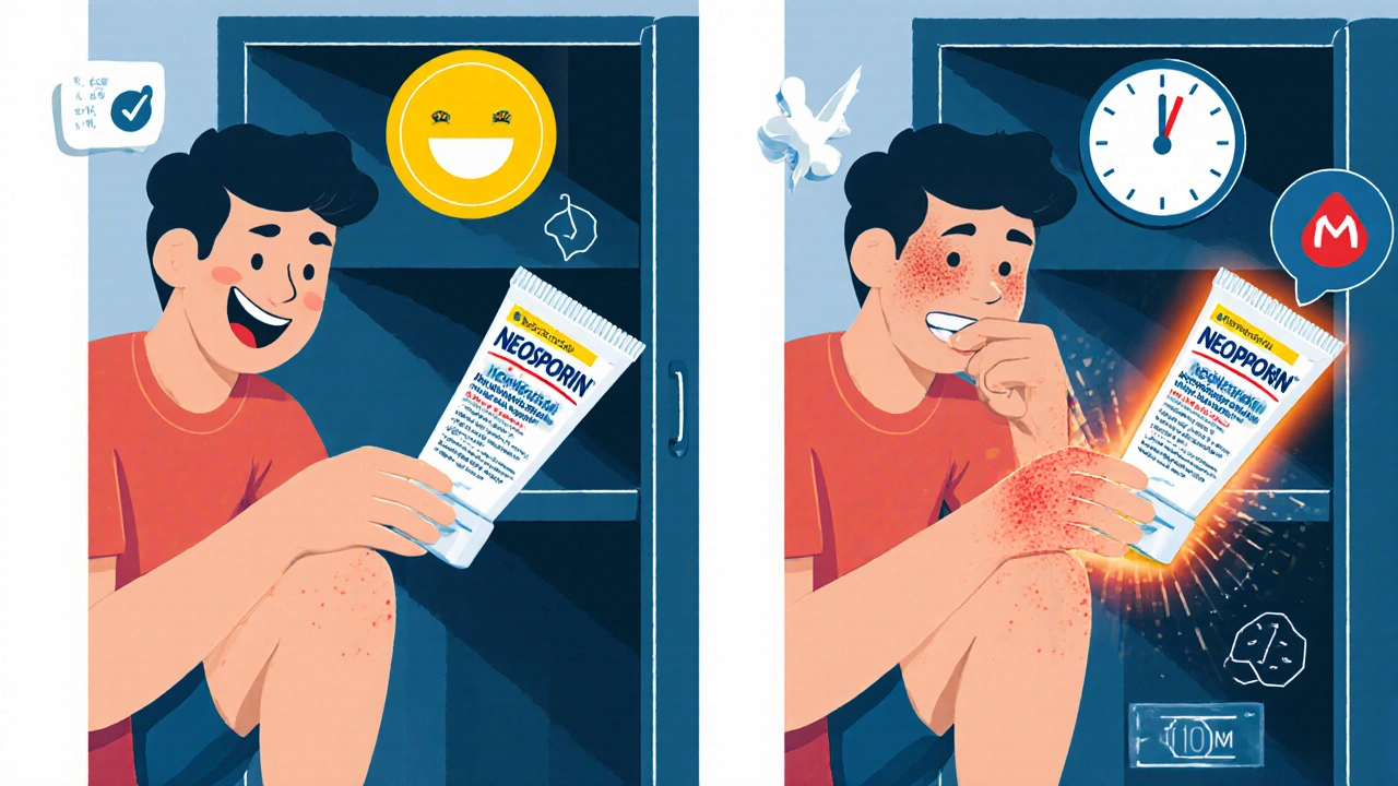 Person applying antibiotic ointment to a scrape, with allergy symptoms on one side and bacitracin as the safe alternative.