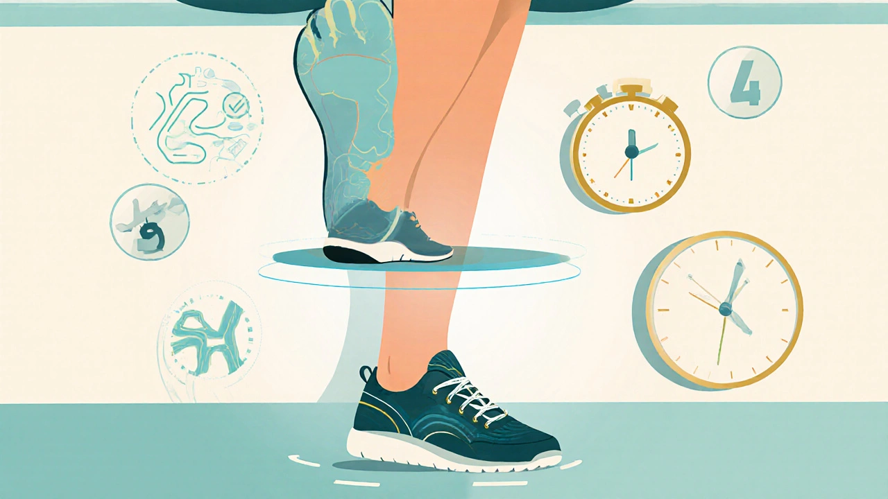 Person balancing on one foot wearing therapeutic shoes, with an AI scanner above their foot displaying nerve health data.