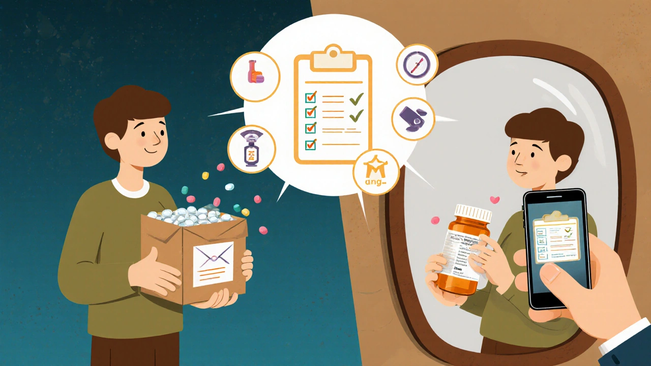 Person checking mail-order pills at home, comparing bottle to phone photo and checklist.