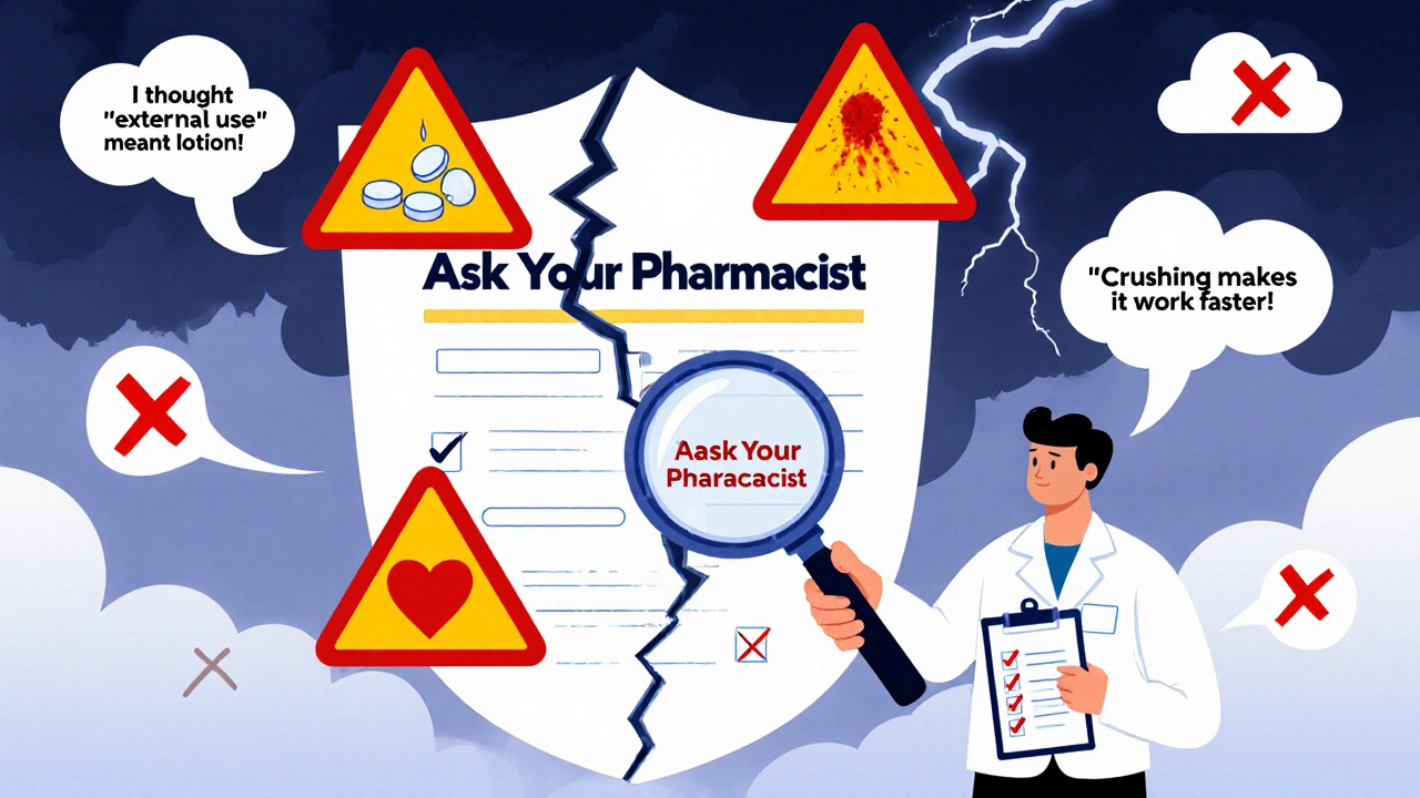 Person holding magnifying glass to a cracked prescription shield, with a pharmacist nearby as common misunderstandings are crossed out.