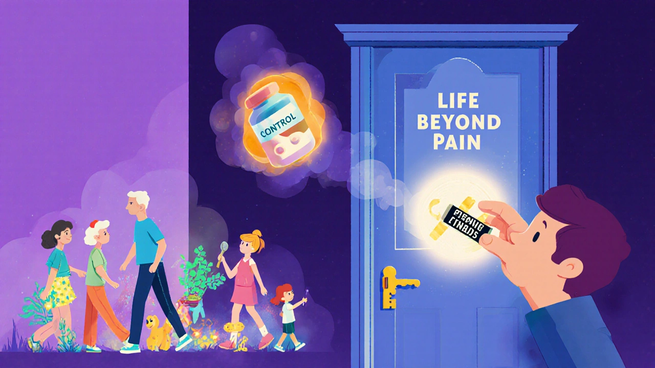 Person unlocking a door to a vibrant life beyond pain, opioids fading as meaningful activities emerge.
