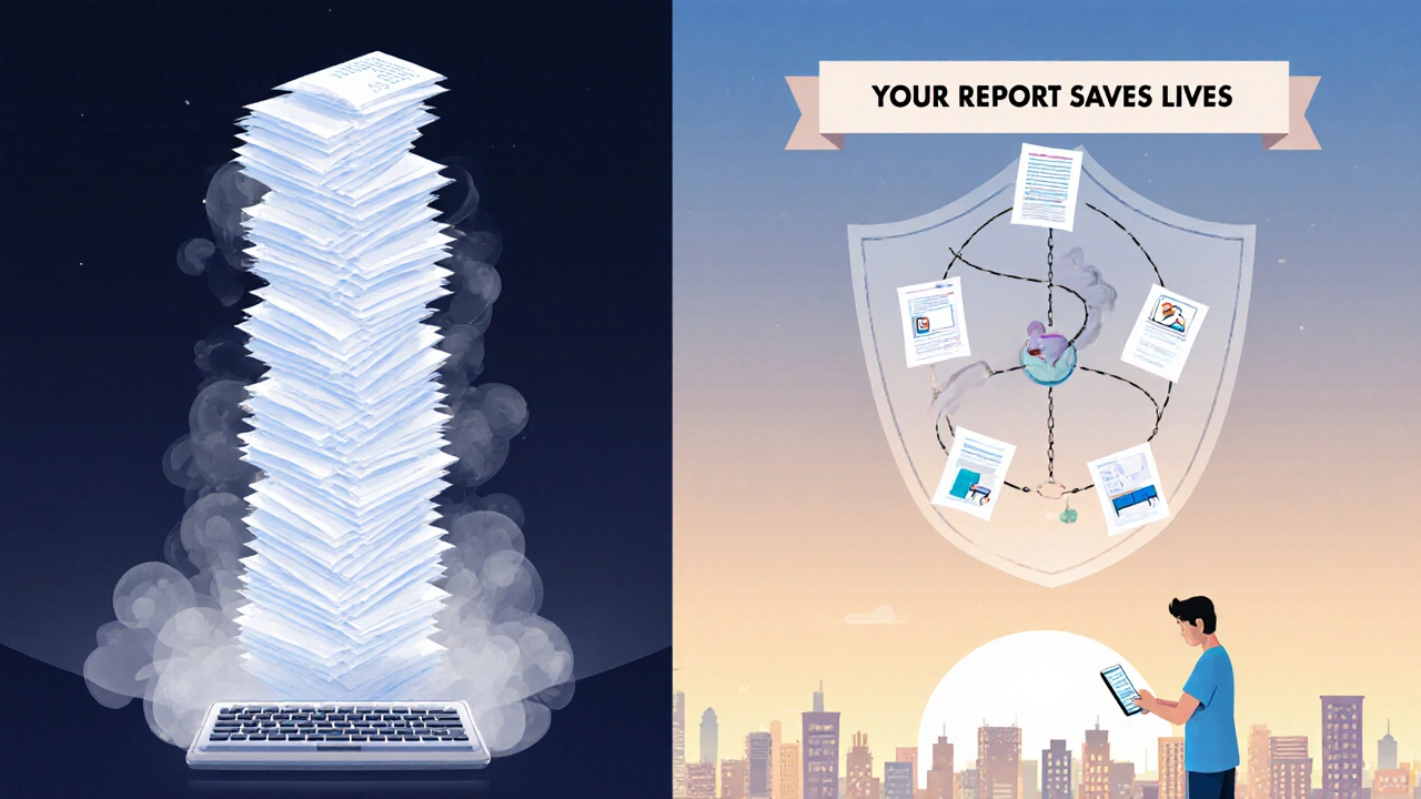 Pharmacist typing reports that form a protective shield over a city, floating illness icons rising from the ground.