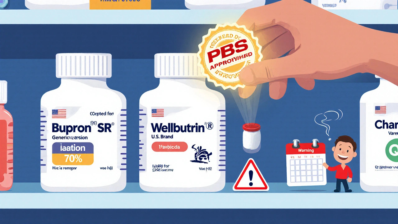 Pharmacy shelf showing Bupron SR, Wellbutrin, and Champix with price tags and PBS approval stamp.