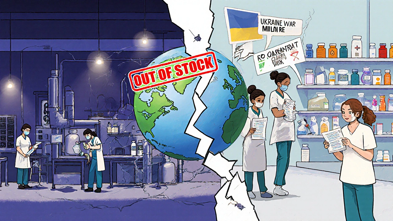Split illustration of a drug factory in India and a U.S. hospital pharmacy, with a cracked globe showing global supply chain failures.