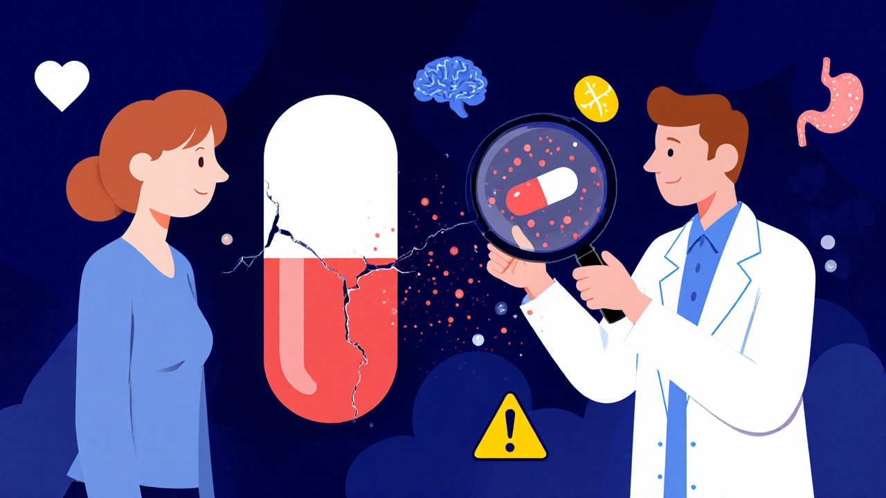Split illustration: patient switching pills with visible differences, pharmacist examining generic coating under magnifying glass.