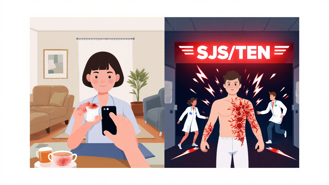 Split image: calm patient photographing a rash at home vs. same person in emergency room with severe peeling skin.