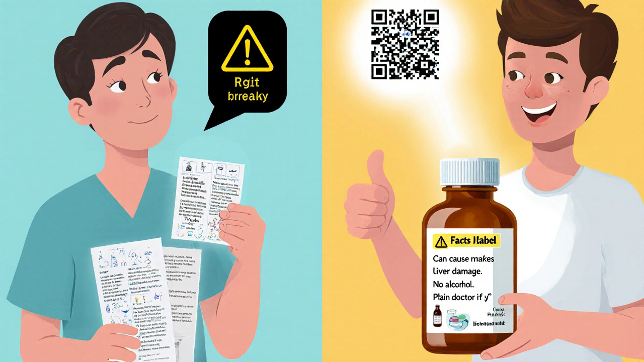 Split image: confused patient with tiny medical text vs. same patient holding simplified bottle with clear icons and glowing QR code.