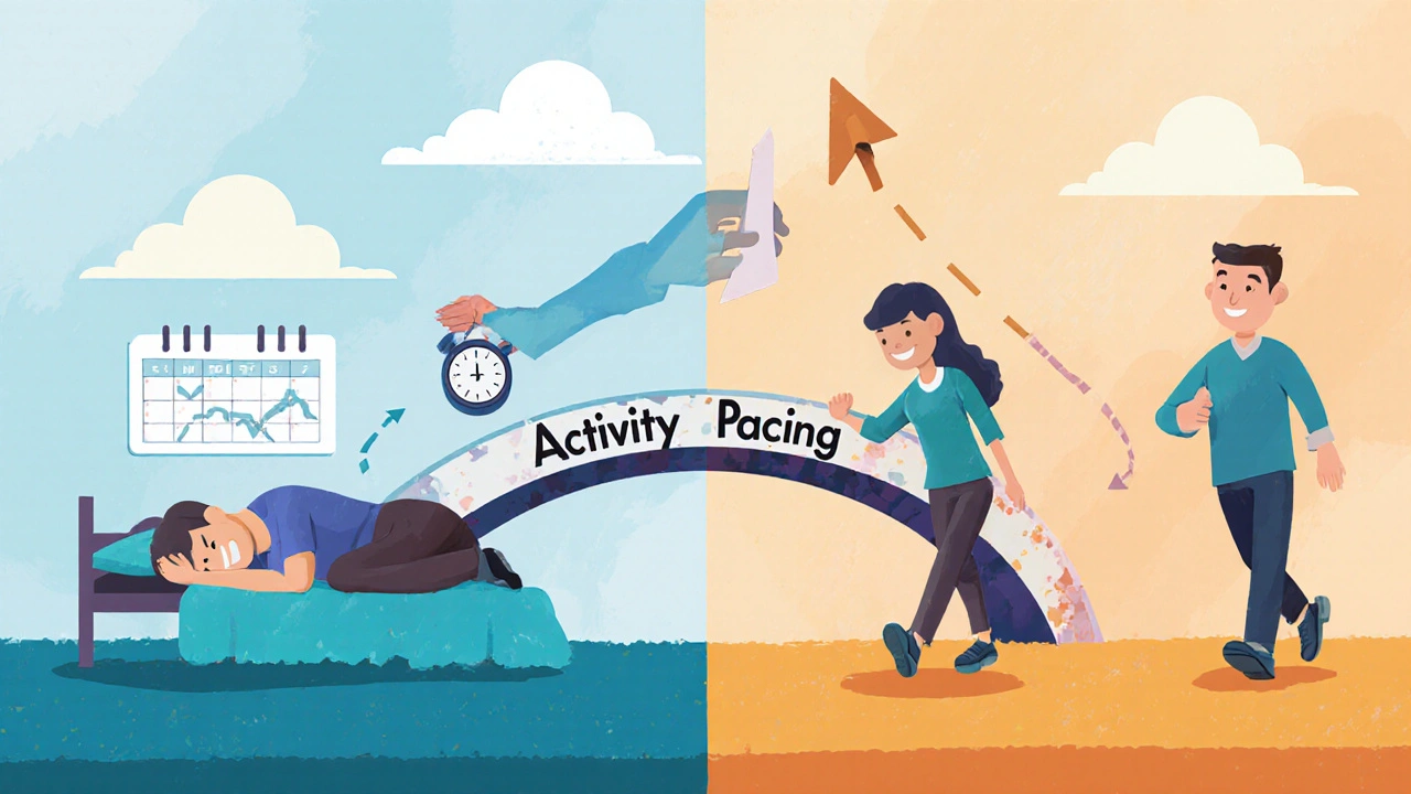 Split scene showing boom-bust cycle transformed into balanced activity pacing with therapist guidance.