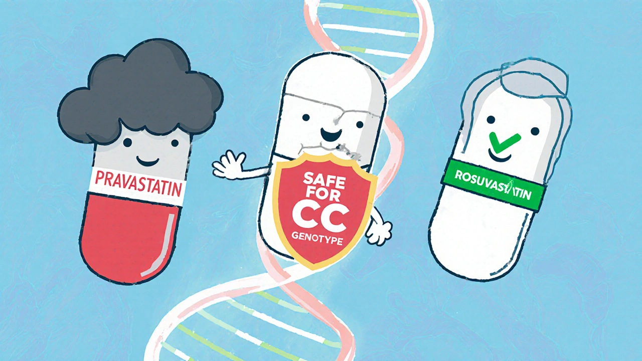 Three stylized statin pills with symbolic traits showing which are safe or risky based on genetics.