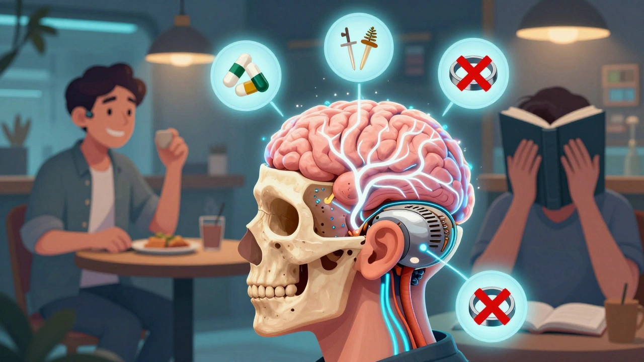 A cochlear implant connecting to the brain, with failed remedies crossed out, and a person using modern hearing aids in a noisy café.