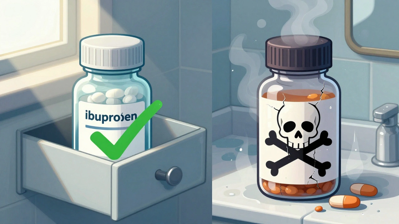 A cracked expired pill next to a fresh one, showing poor vs. proper storage conditions.