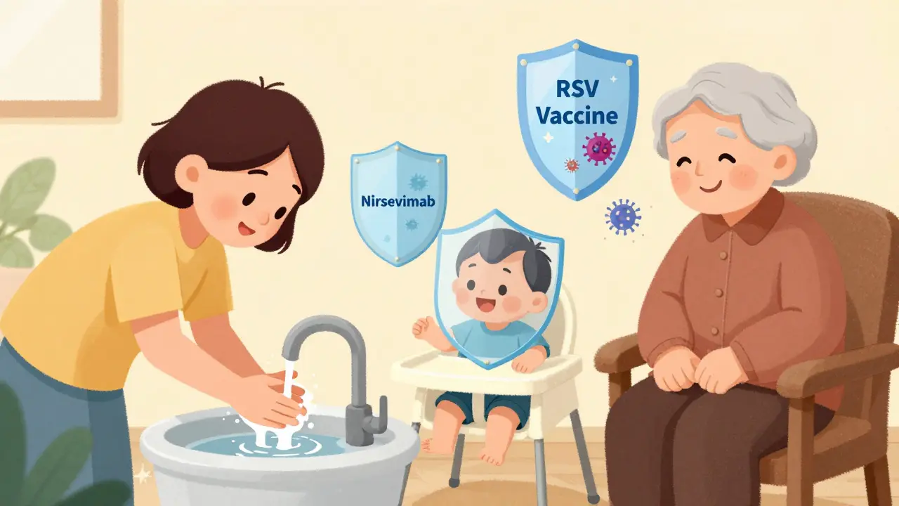 A family scene with handwashing, a baby, and an elder protected by glowing shields labeled with RSV prevention tools.