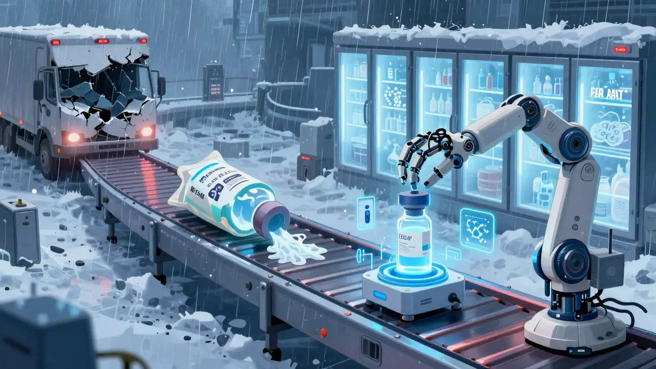 A fragile biosimilar vial in a cold chain disaster, saved by an AI-powered robot using single-use systems.