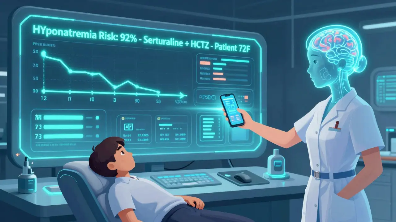 A hospital AI dashboard alerting a nurse about high hyponatremia risk from medications, with a patient's brain swelling visible.