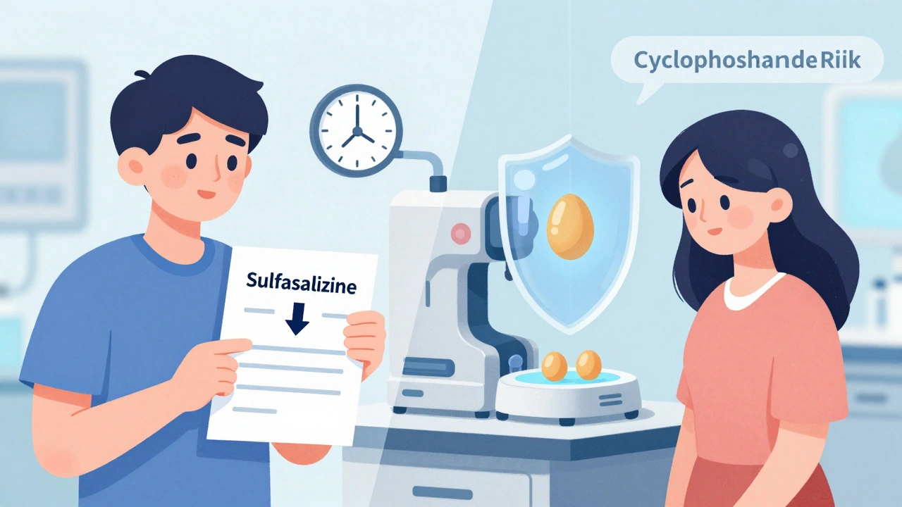 A man reviewing a semen report and a woman freezing eggs, symbolizing fertility preservation.