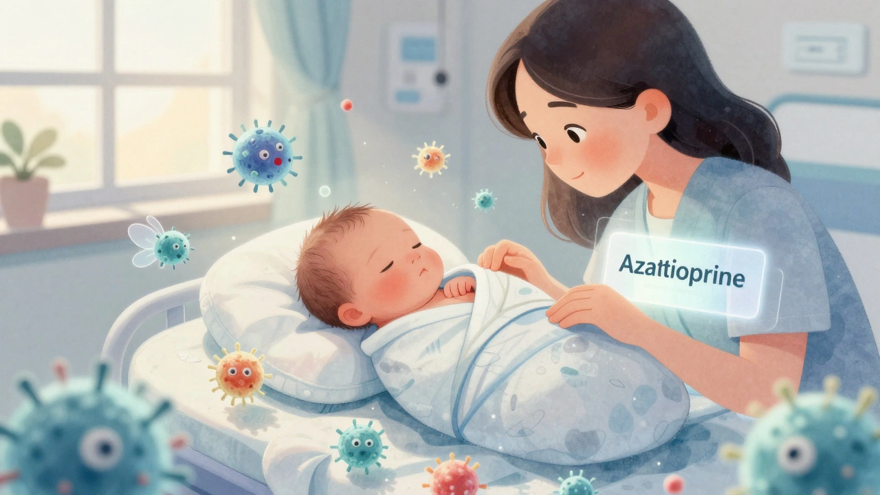 A newborn surrounded by protective immune cells, with a faint outline of medication history above.