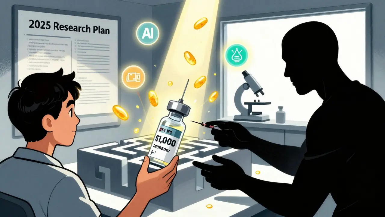 A patient holding an expensive vial while a cheaper generic is trapped in a regulatory maze.