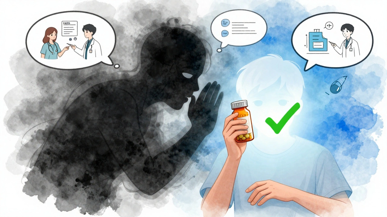 A patient holds a generic pill as a shadowy doubt figure whispers, while a glowing healthy version and AI reports surround them.