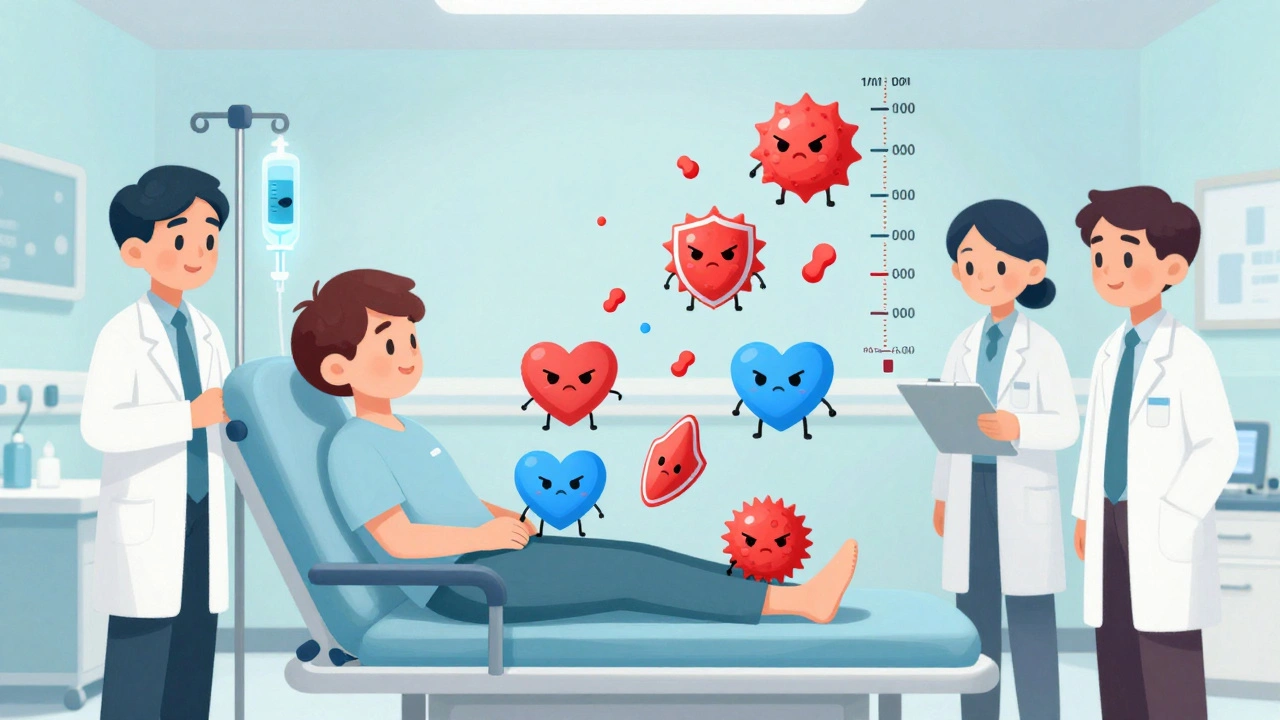 A patient undergoing desensitization as immune system characters change from angry spikes to calm hearts.
