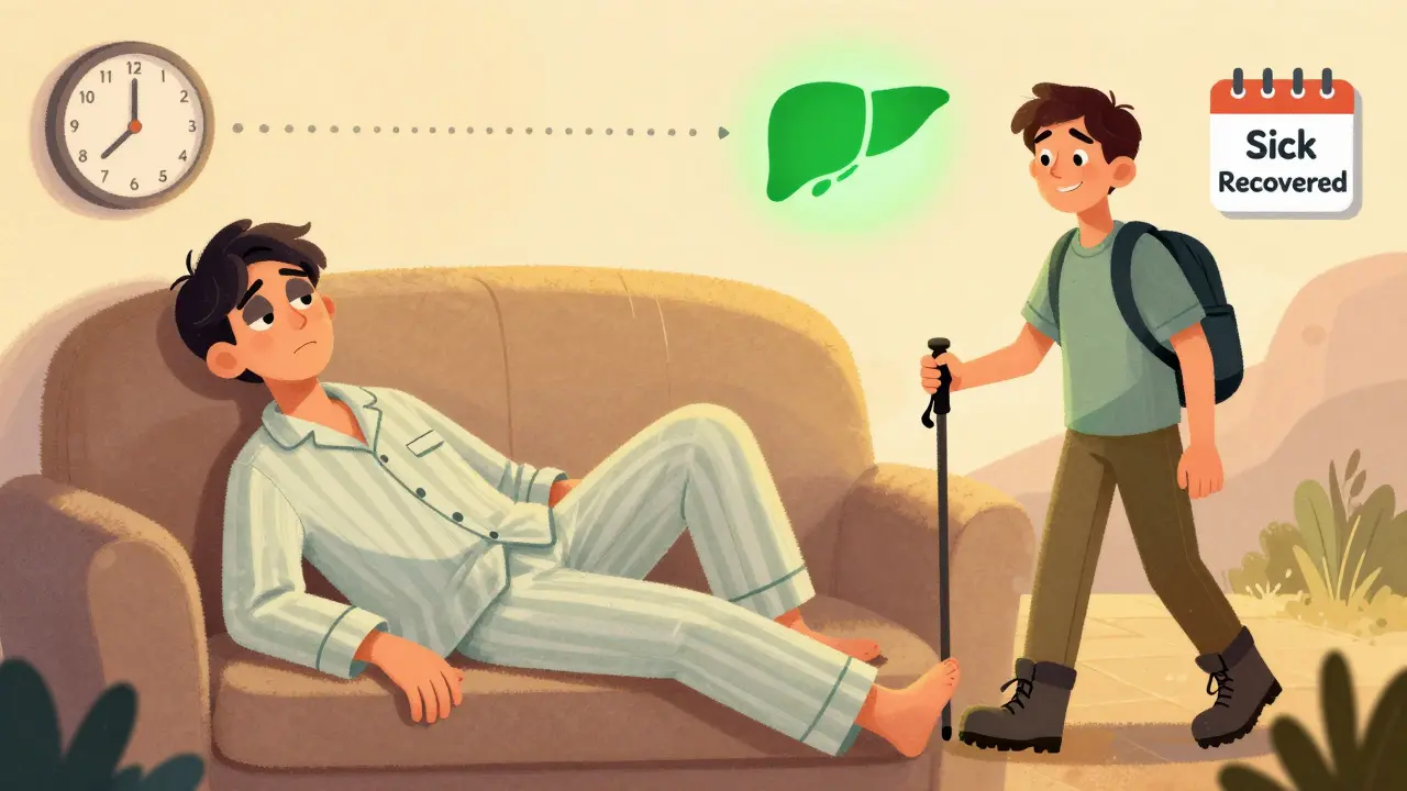 A person recovering from hepatitis A, shown before and after: tired and jaundiced versus healthy and hiking six months later.