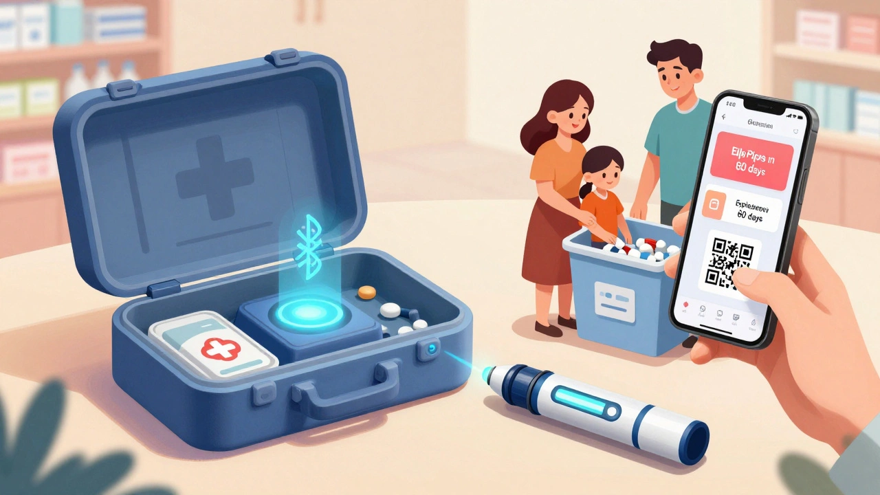 A smart first-aid kit sends an expiration alert to a phone, while a family drops off old meds at a pharmacy.