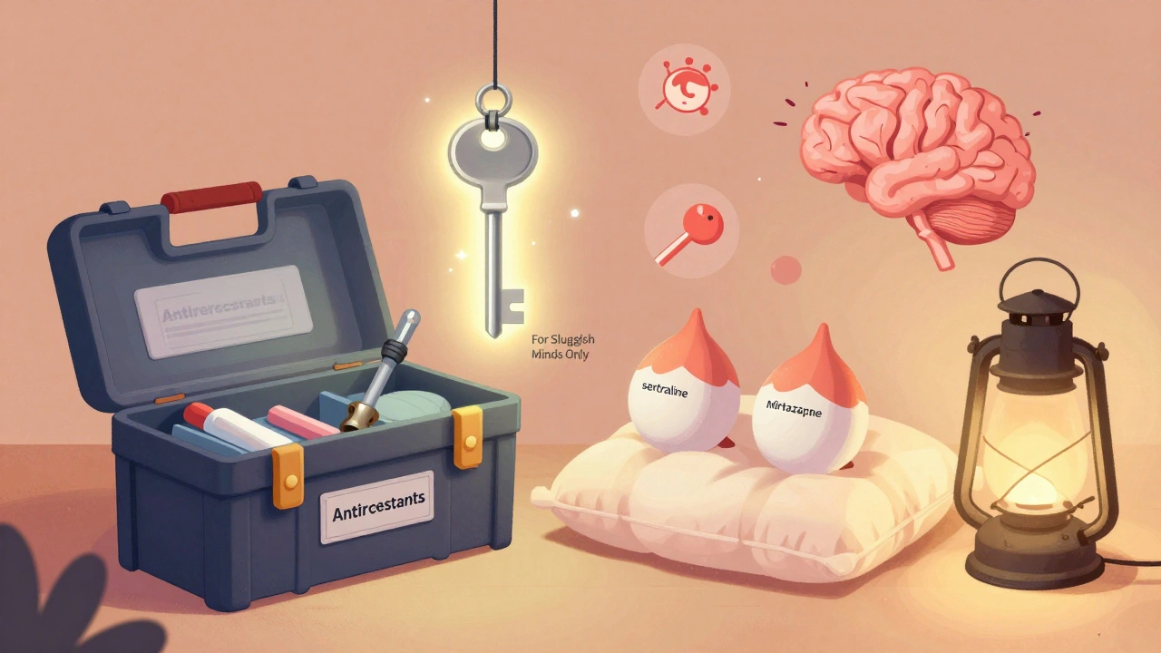 A toolbox of antidepressants with fluoxetine as a specialized key, contrasting with gentler alternatives.