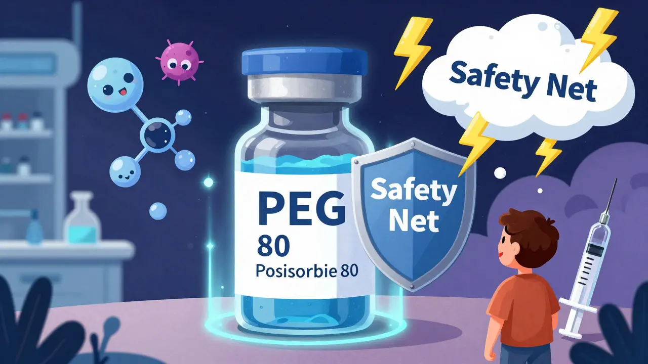 A vaccine vial protected by a shield from fear symbols, with tiny molecular ingredients illustrated as friendly aliens.