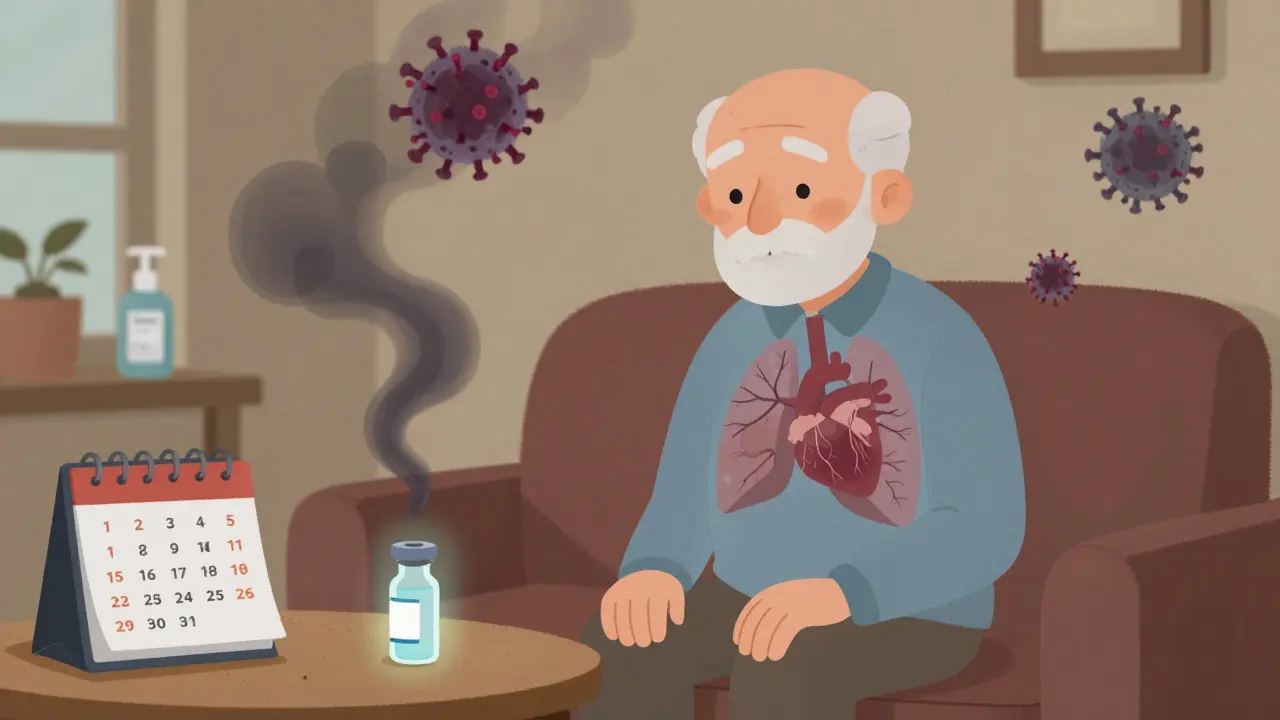 An elderly man in a living room with translucent lungs and heart, surrounded by RSV particles and a glowing vaccine vial.