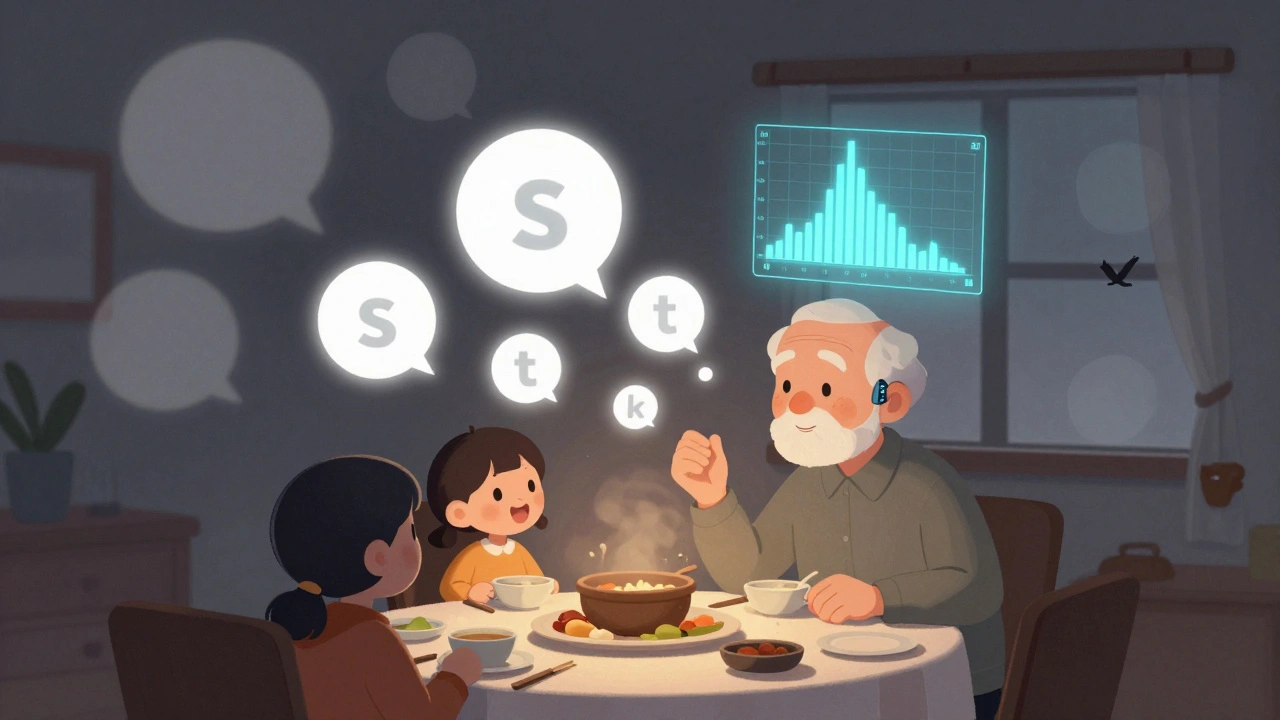 An elderly person at dinner surrounded by fading speech bubbles, with a visual audiogram showing high-frequency hearing loss.