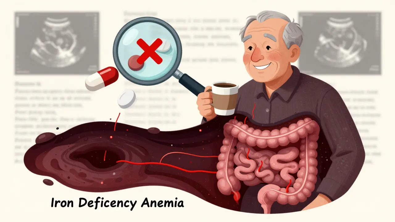 An elderly person’s upper body smiles while their lower digestive tract bleeds into an anemia pool, showing hidden NSAID damage.
