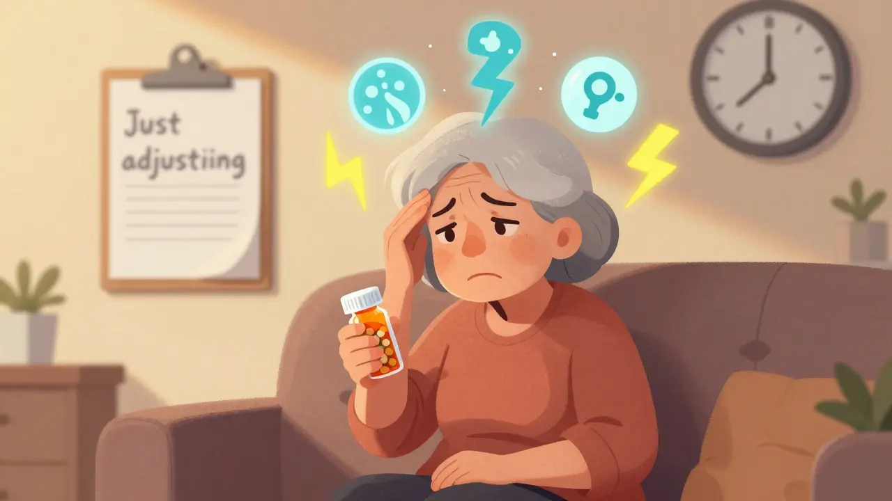 An elderly woman confused on a couch, with floating symptoms like vomiting and seizures, while her doctor dismisses it.