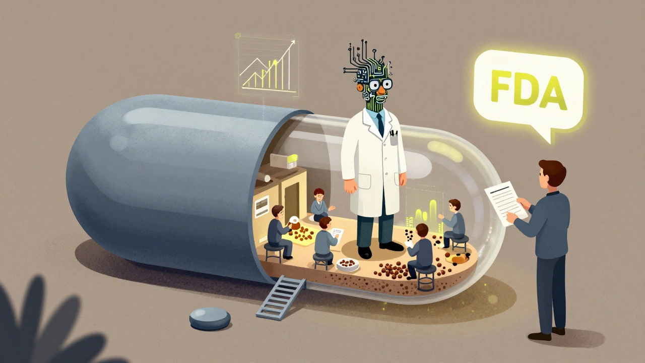 An FDA inspector in a circuitry lab coat examines the inner workings of a giant pill capsule filled with tiny workers and holographic data.