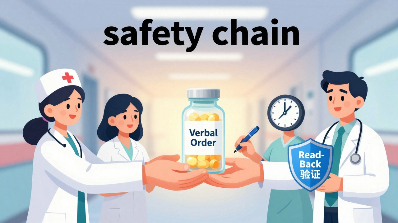 Chain of medical staff passing a verified verbal order, each holding a safety icon, symbolizing shared responsibility.