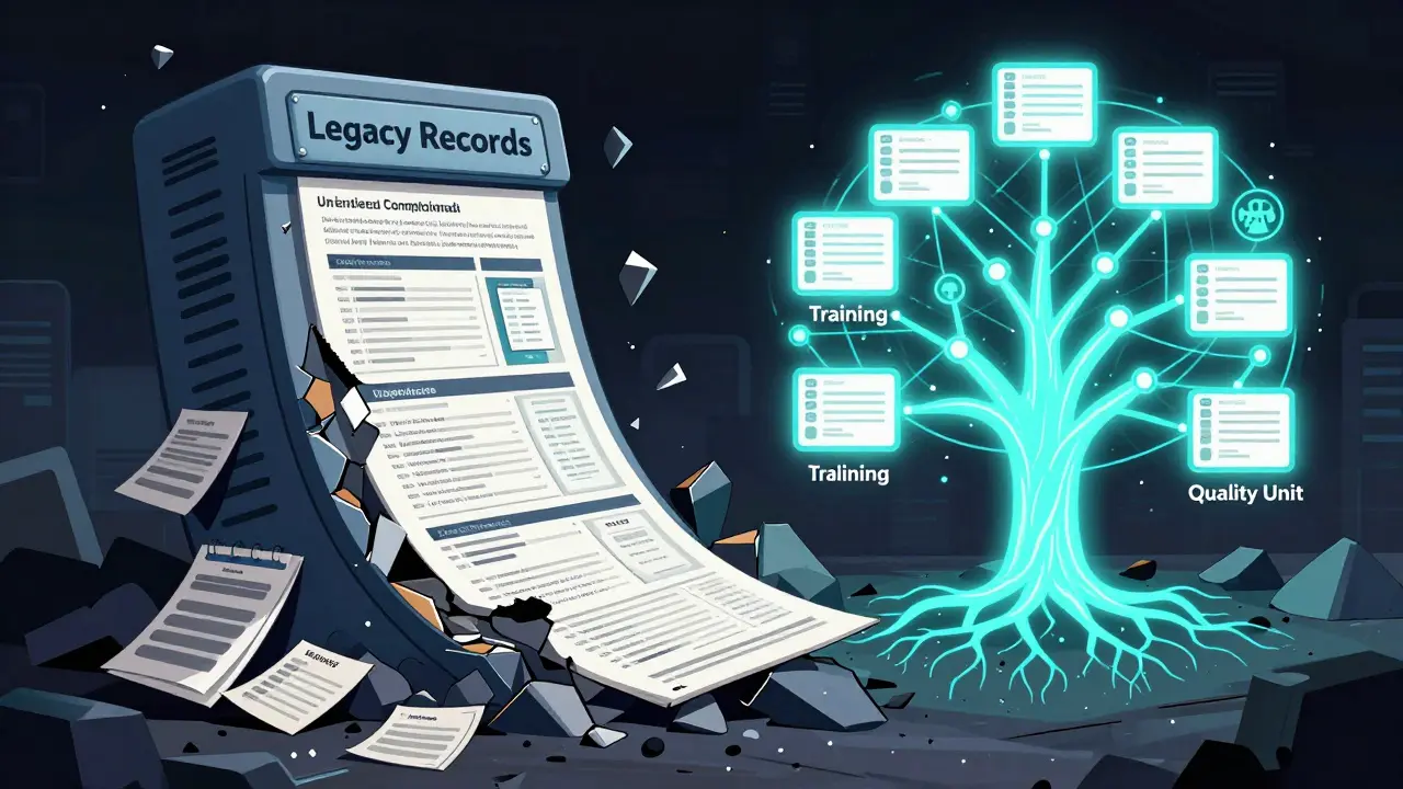 Collapsing legacy records replaced by a glowing tree of secure digital records rooted in training, validation, and quality.