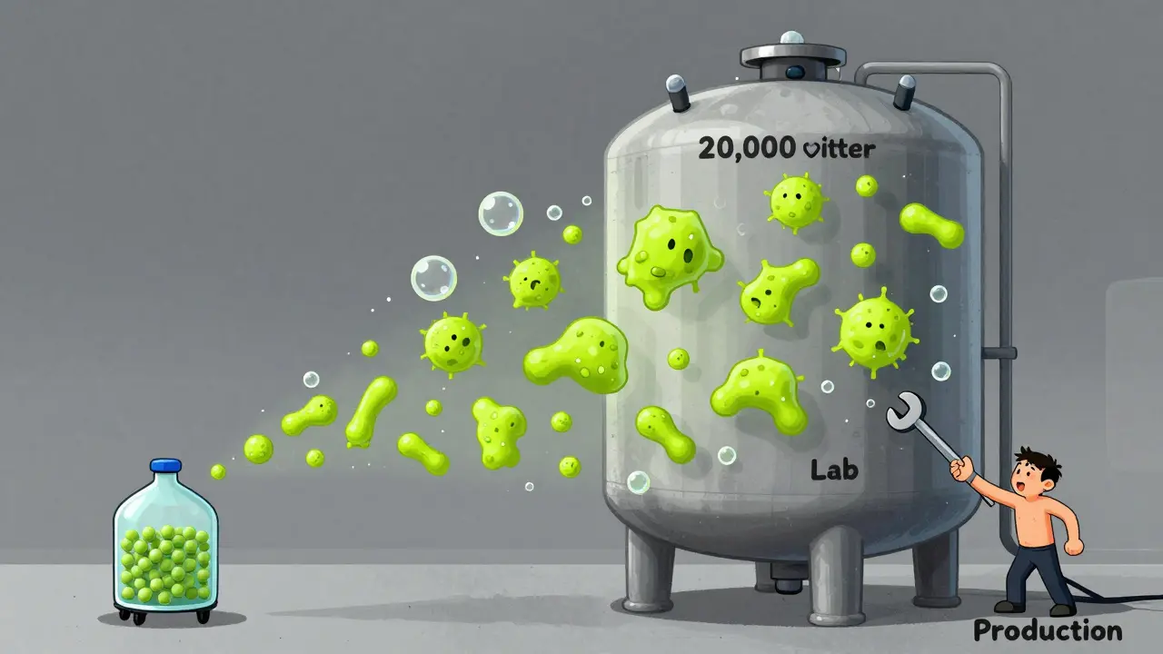 Contrast between a small lab bioreactor and a chaotic large-scale production tank with uneven cell growth.